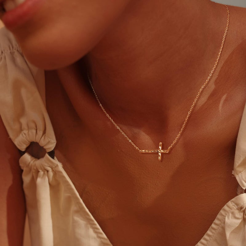 Fettero Sideways Cross Necklace Choker Gold Faith Hammered Pendant 14K Gold Plated Dainty Chain Minimalist Simple Tiny God Lords Prayer Religious Jewelry Gift - Image 2